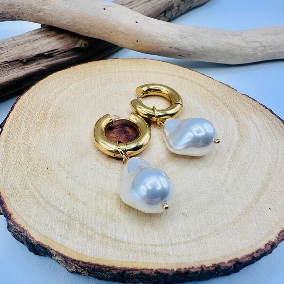 Baroque Pearl Gold Hoop Huggie Earrings 18K Stainless Steel - Picture 4 of 6